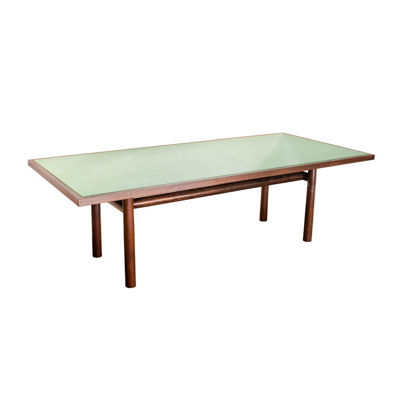 mesa de jantar de jacarandá com tampo de vidro verde
